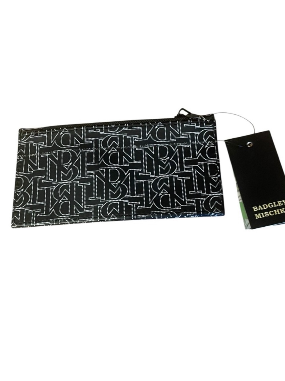 Badgley Mischka logo-patterned zippered wristlet pouch